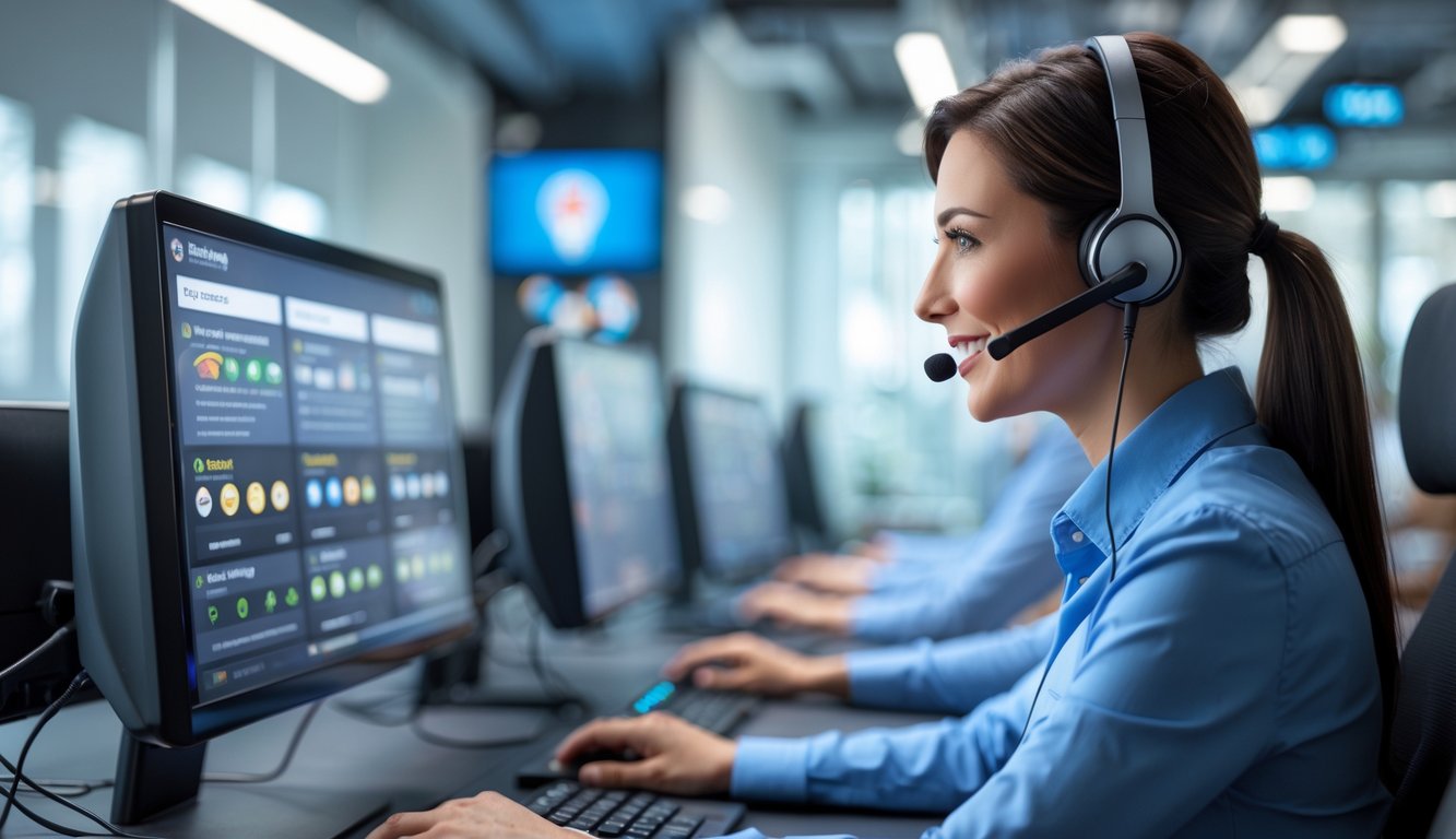 Seorang petugas layanan pelanggan yang ramah sedang bekerja di pusat layanan dengan komputer dan headset, di ruang kantor yang terang dan modern.