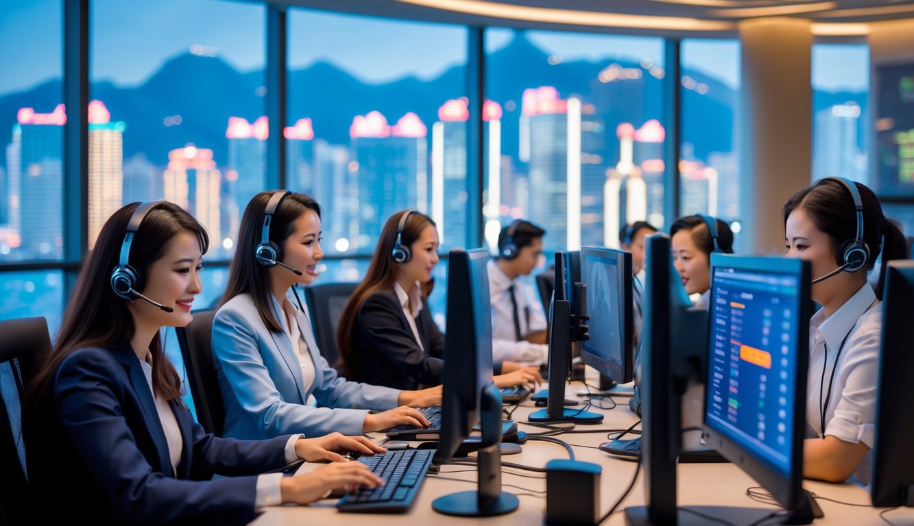 Tim layanan pelanggan yang ramah bekerja di kantor modern dengan pemandangan kota Macau di latar belakang.