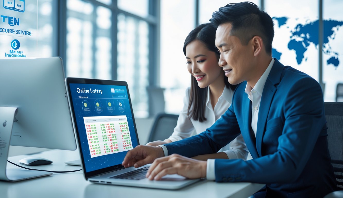 Dua orang profesional sedang bekerja bersama di kantor modern dengan laptop yang menampilkan hasil lotere digital.