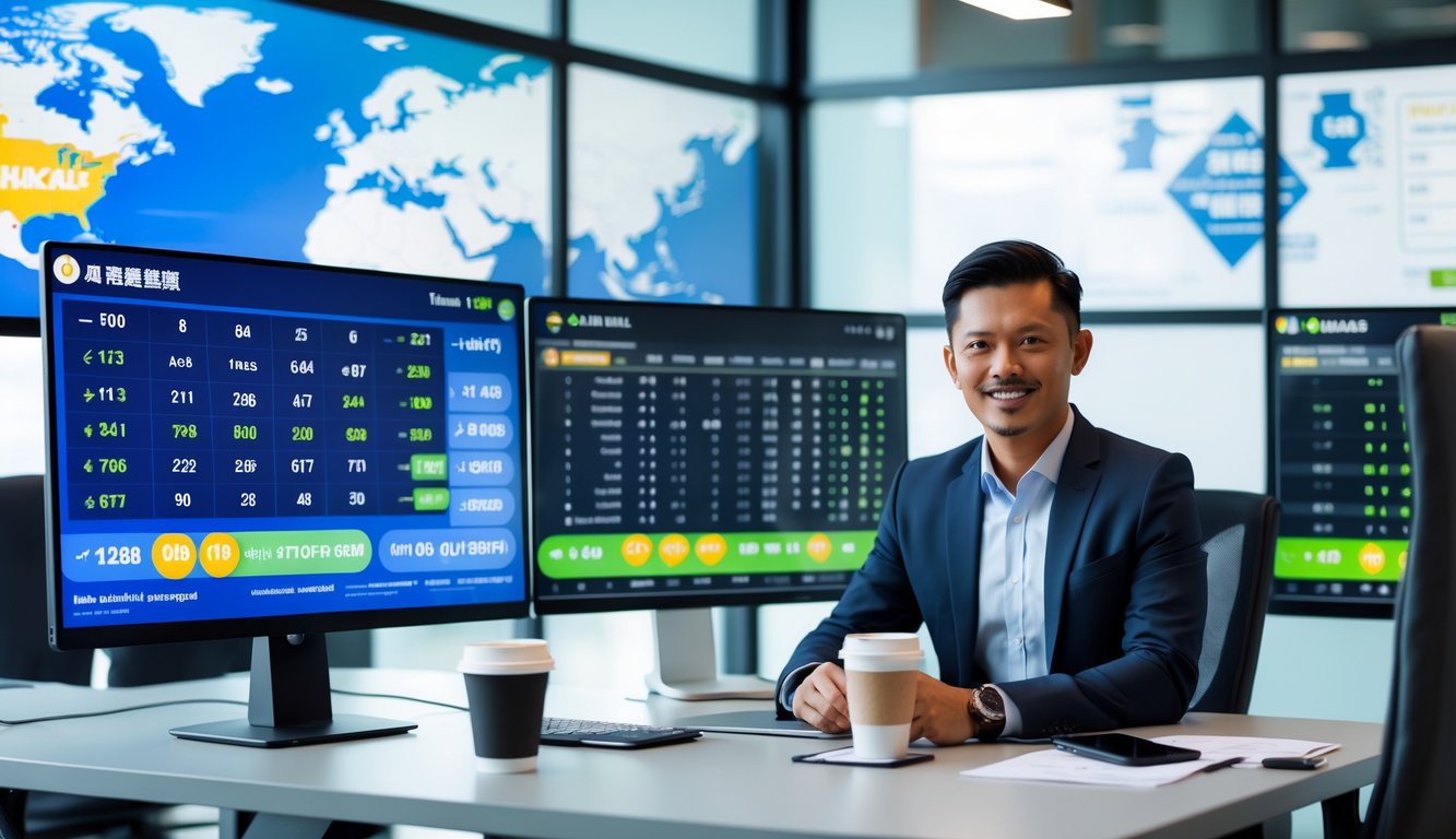 Seorang pria Indonesia duduk di meja kantor dengan beberapa monitor komputer yang menampilkan grafik dan angka lotere.
