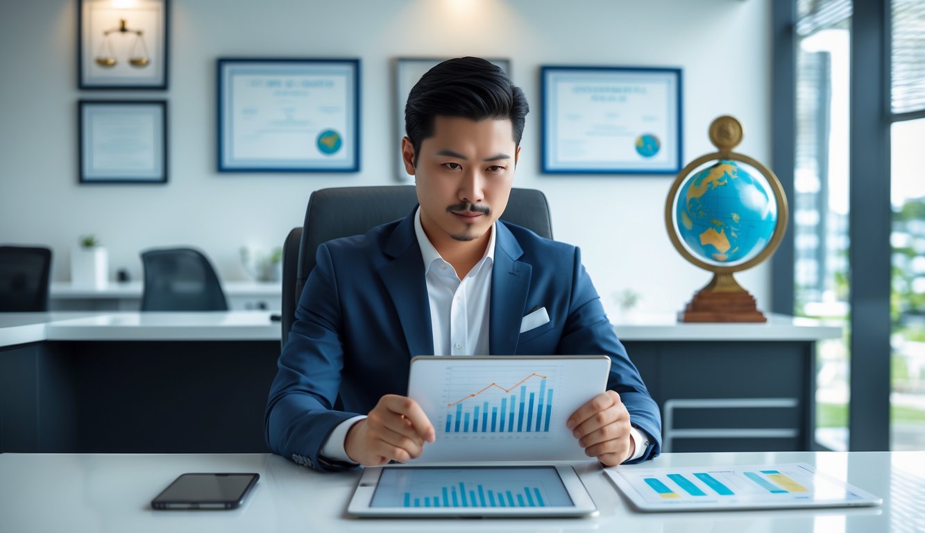 Seorang pria bisnis Asia Tenggara sedang meninjau dokumen dan grafik di kantor modern yang rapi dan terang.
