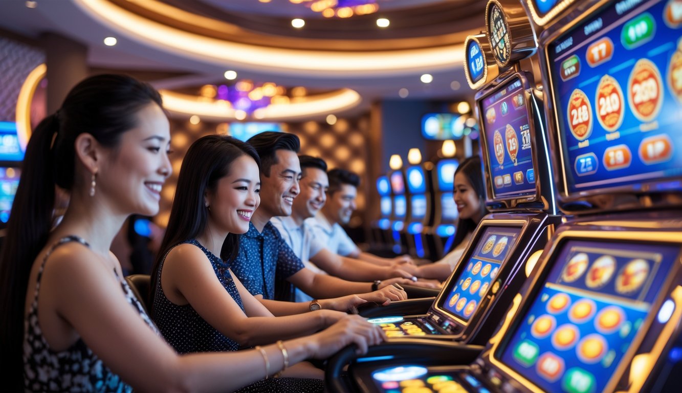 Sejumlah pemain baru yang bahagia sedang menggunakan mesin taruhan elektronik di dalam ruangan kasino yang modern dan terang.