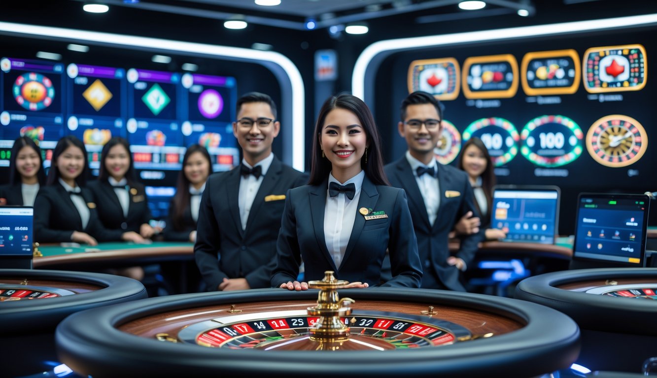 Studio kasino online dengan dealer nyata yang sedang melayani pemain, menampilkan meja permainan dan layar digital di latar belakang.