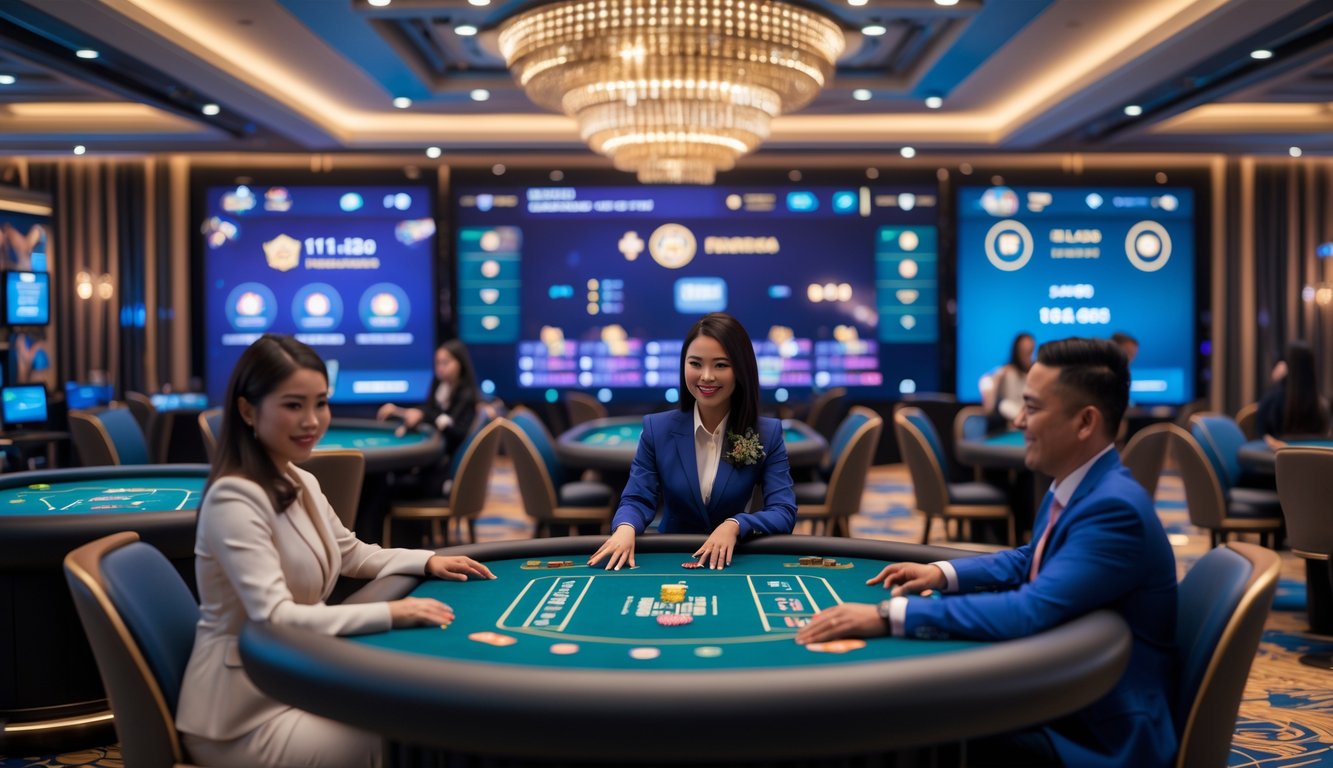 Suasana kasino langsung dengan dealer asli berinteraksi dengan pemain melalui teknologi streaming, menampilkan lingkungan kasino modern dan profesional.