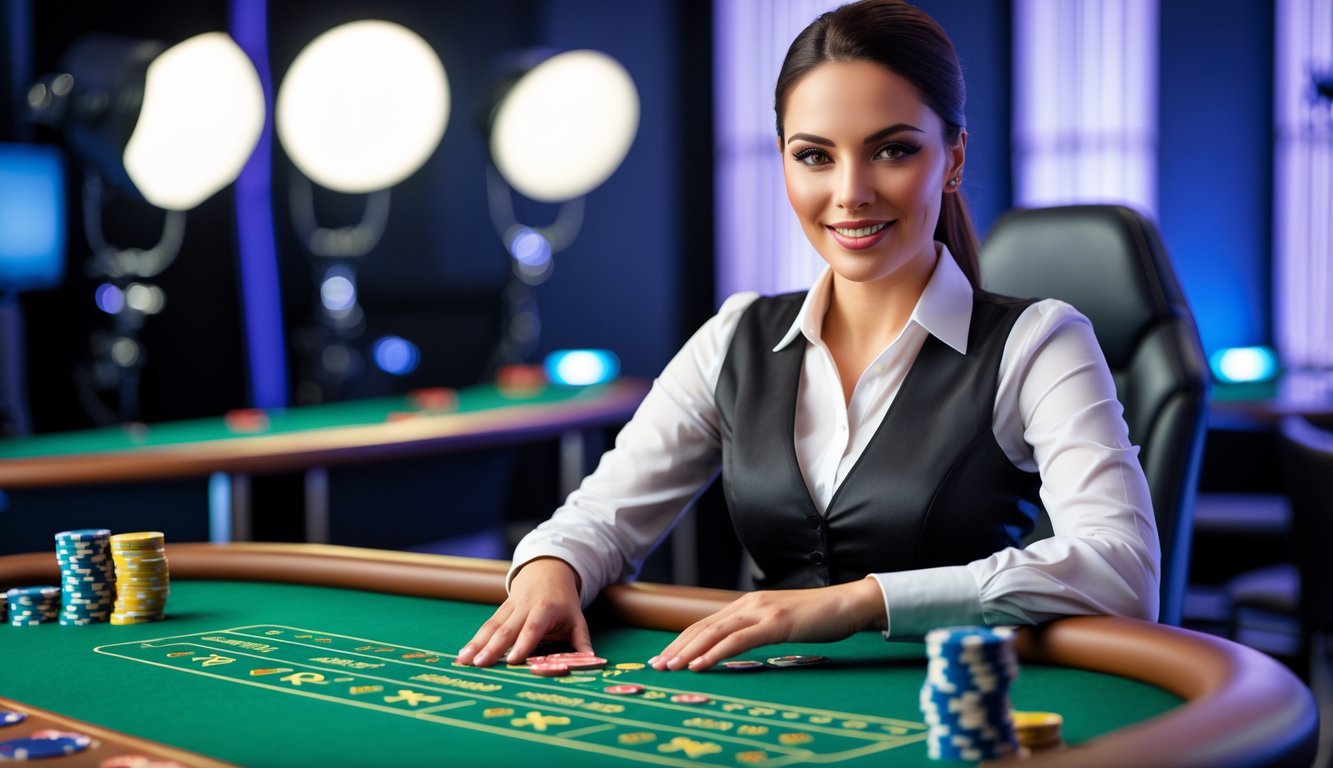 Seorang dealer kasino langsung yang profesional duduk di meja kasino dengan kartu dan chip, dikelilingi peralatan streaming di studio yang terang.