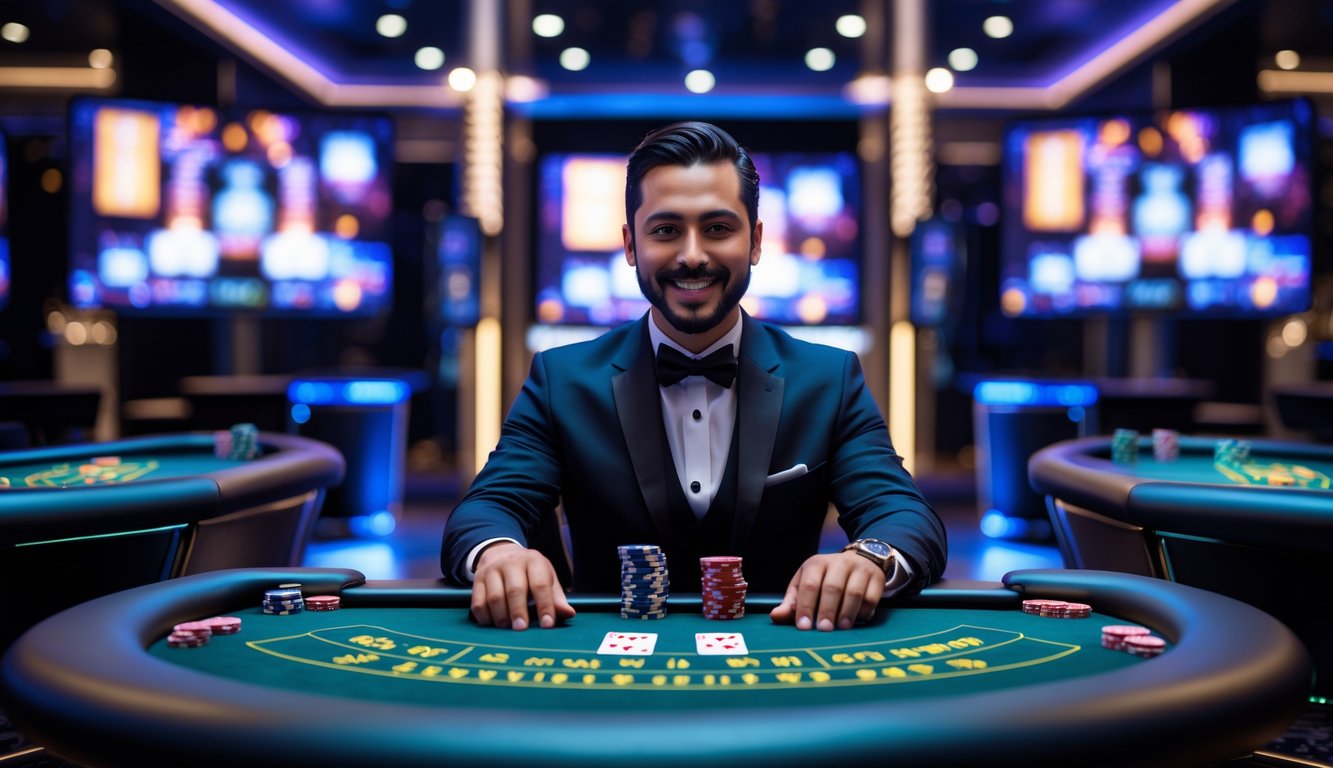 Seorang dealer kasino nyata duduk di meja permainan dengan kartu dan chip, dikelilingi oleh layar yang menampilkan streaming permainan secara langsung.