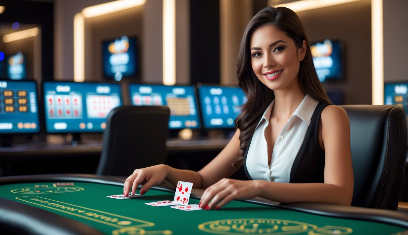 Seorang dealer kasino online wanita duduk di meja kasino dengan kartu dan monitor komputer di latar belakang.
