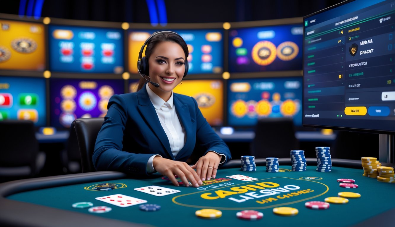 Seorang dealer kasino langsung yang ramah duduk di meja permainan dengan kartu dan chip, dikelilingi layar yang menampilkan permainan kasino online.