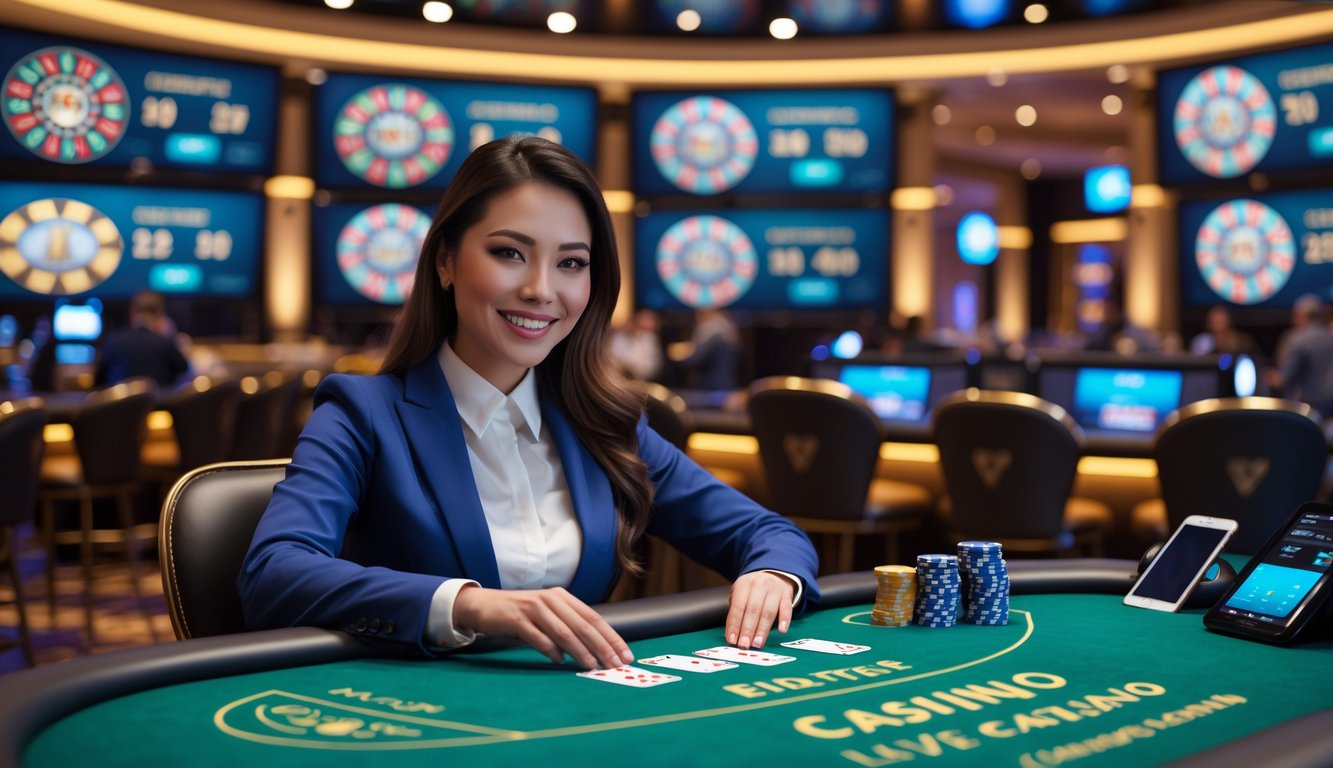 Seorang dealer wanita tersenyum di meja kasino dengan kartu dan chip, latar belakang menampilkan layar permainan kasino langsung.