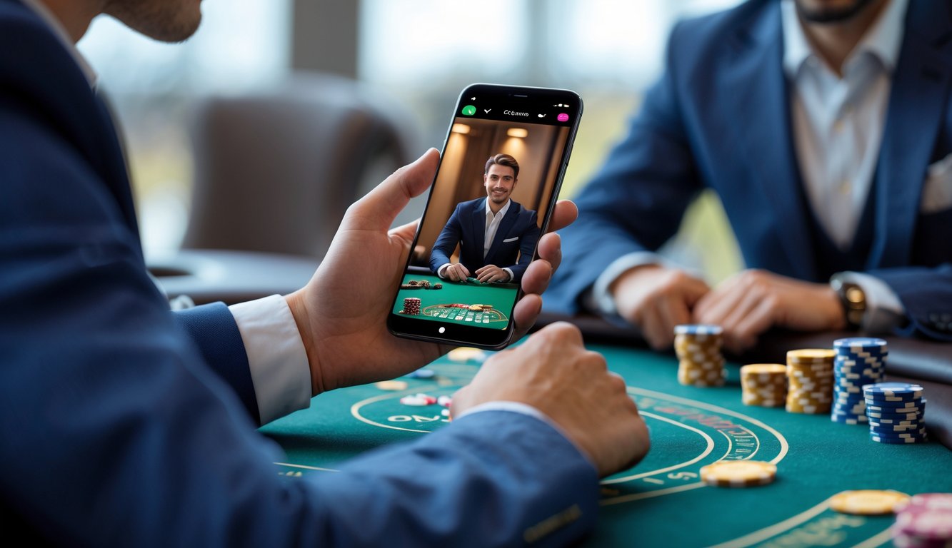 Seseorang menggunakan ponsel untuk bermain live casino dengan dealer asli terlihat di layar ponsel.