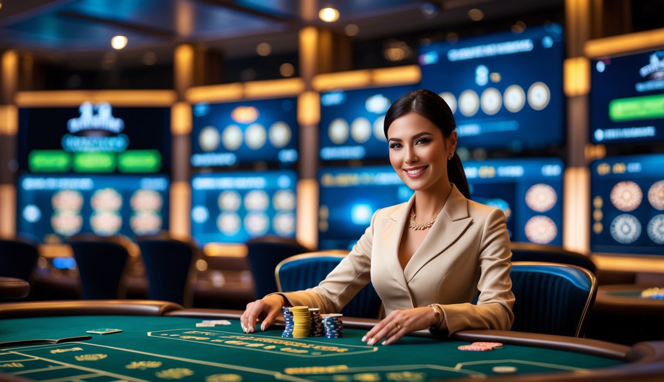 Seorang dealer wanita profesional duduk di meja kasino dengan kartu dan chip, di latar belakang layar menampilkan permainan kasino langsung dan transaksi digital.