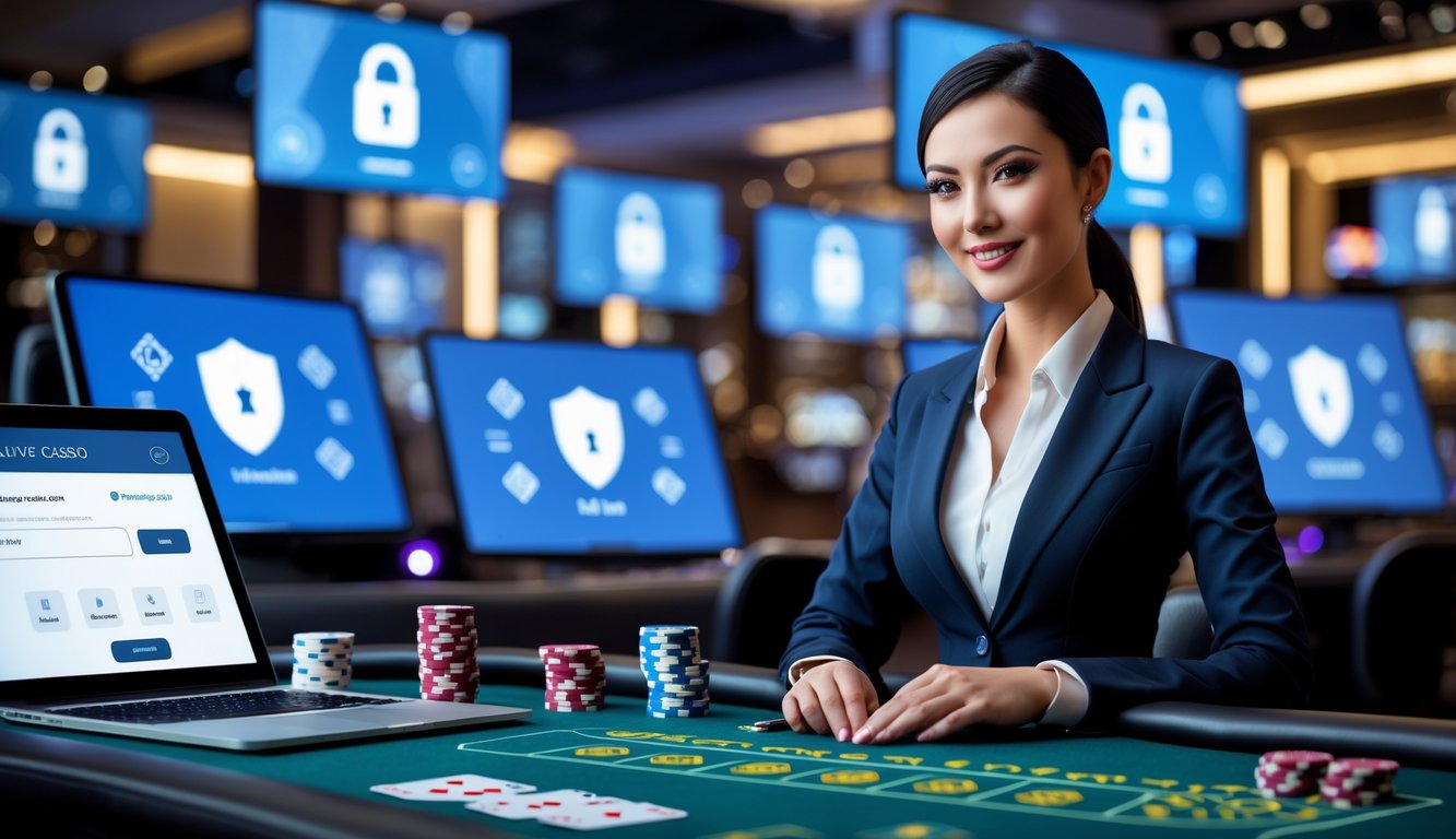Seorang dealer casino wanita profesional di meja casino dengan layar digital menampilkan simbol keamanan dan transaksi online yang mudah.