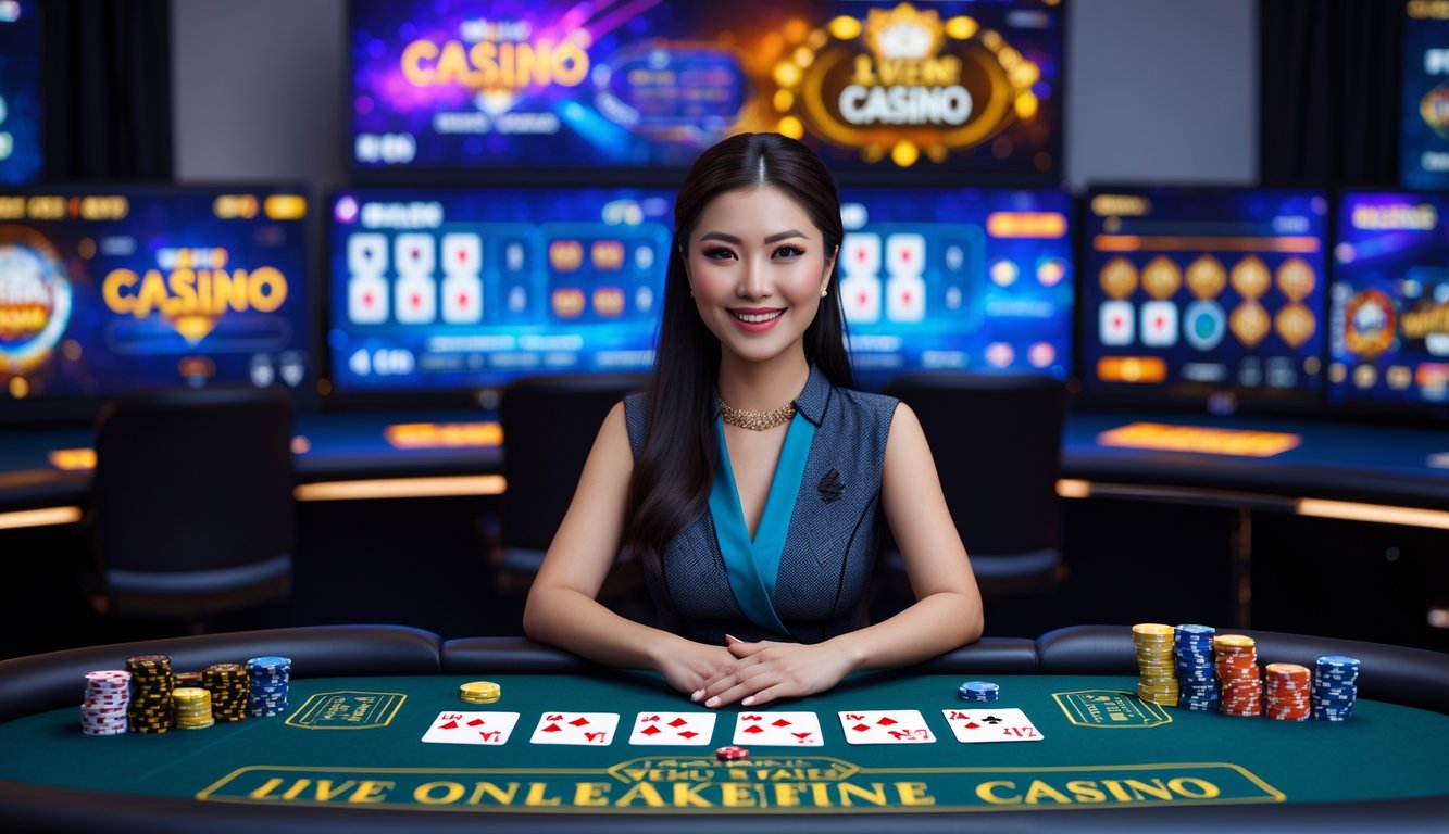 Seorang dealer kasino online wanita muda sedang duduk di meja kasino dengan kartu dan chip, dikelilingi oleh monitor dan peralatan streaming.