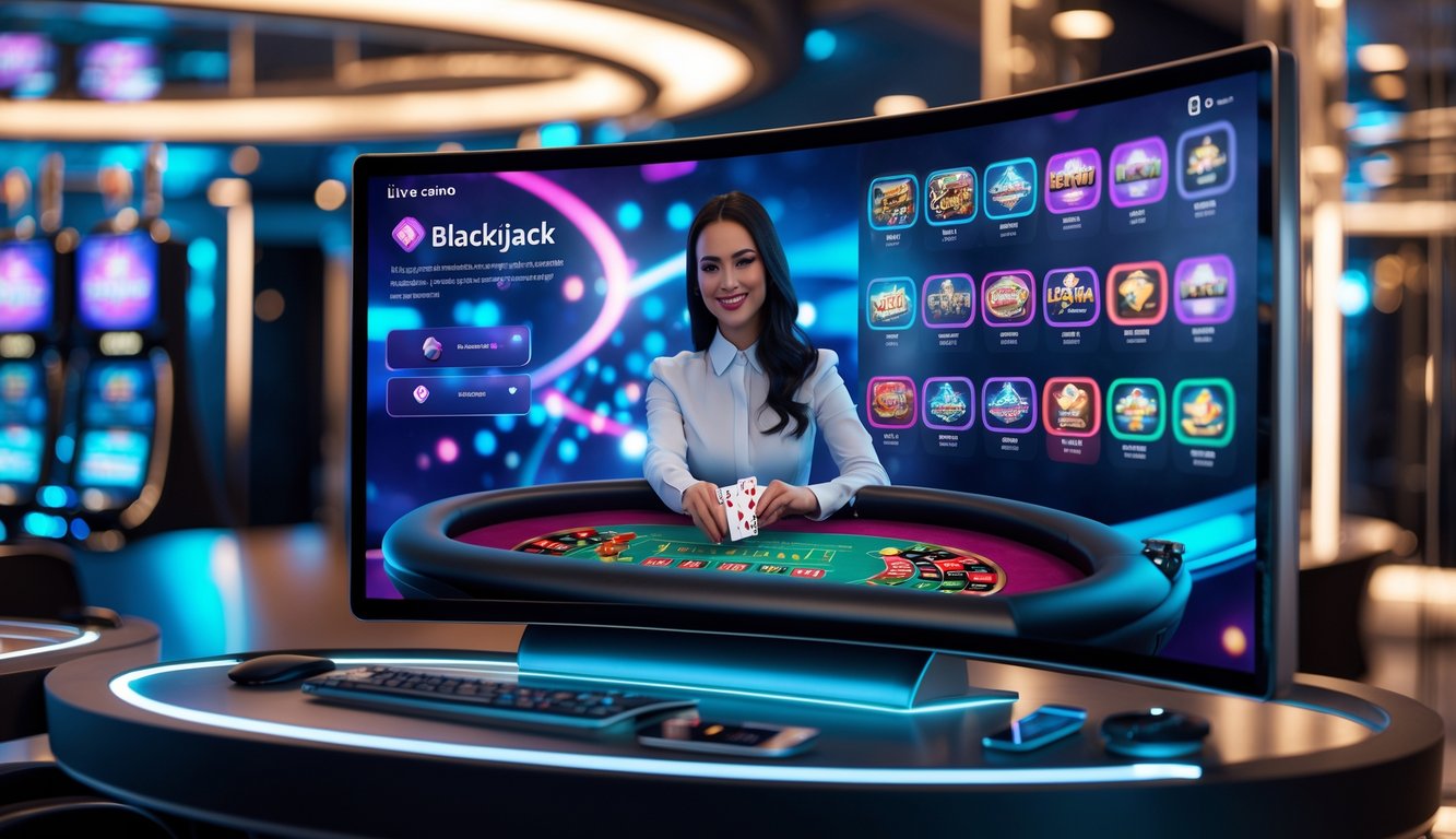 Seorang dealer wanita sedang membagikan kartu di meja kasino langsung online dengan latar belakang lounge permainan modern dan layar komputer besar yang menampilkan permainan kasino.