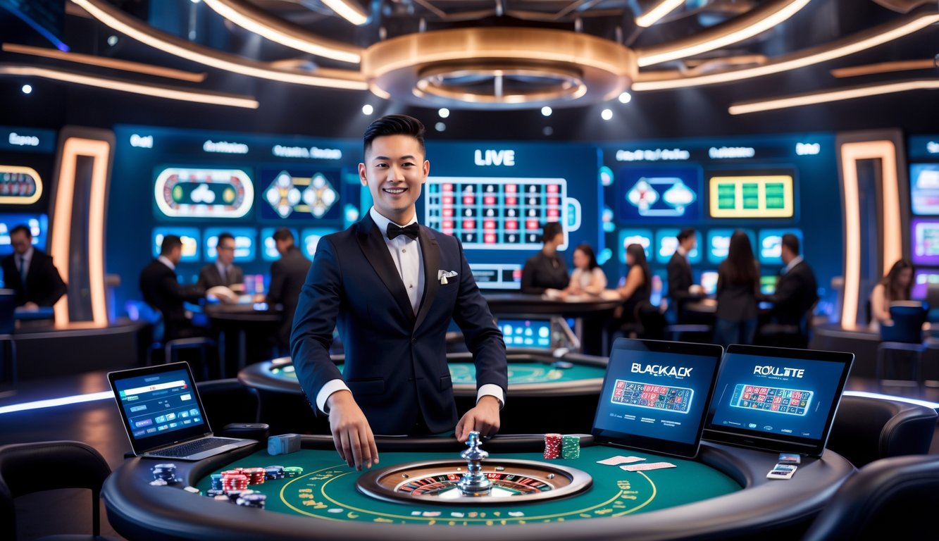Seorang dealer kasino langsung profesional sedang berinteraksi di studio kasino modern dengan layar menampilkan berbagai permainan kasino online dan pemain yang menggunakan perangkat digital.