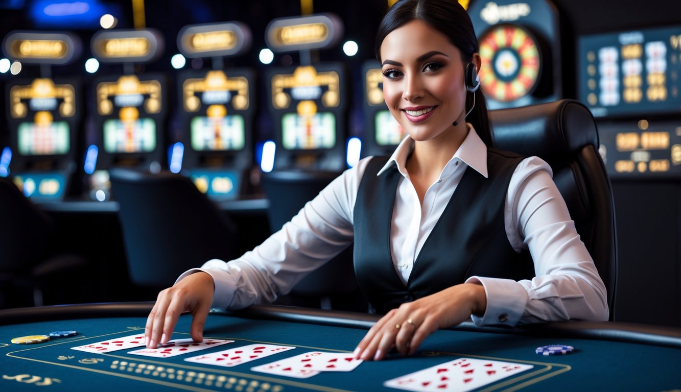Seorang dealer kasino online yang ramah duduk di meja kasino modern dengan latar studio kasino digital dan layar permainan kartu dan roulette.