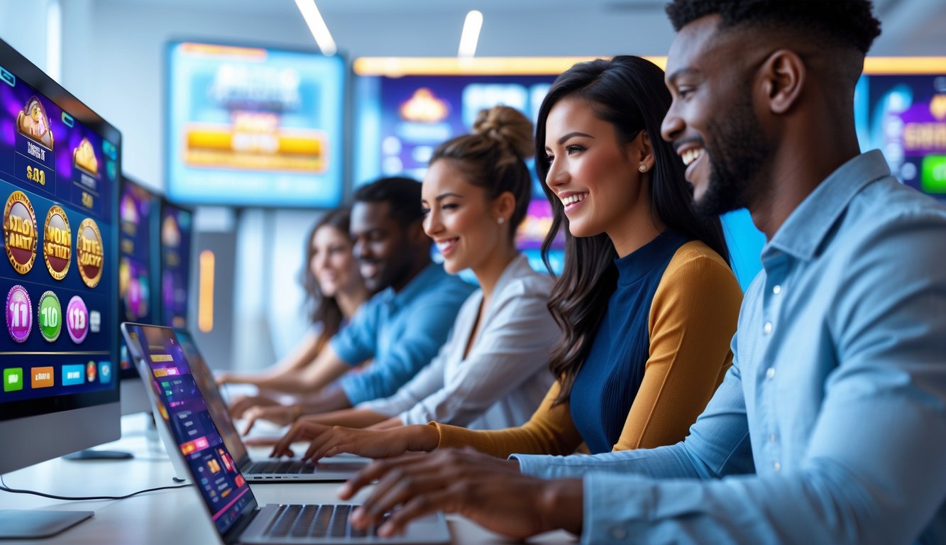 Orang-orang sedang bermain permainan slot online di komputer dan tablet dalam ruangan yang terang dan modern.