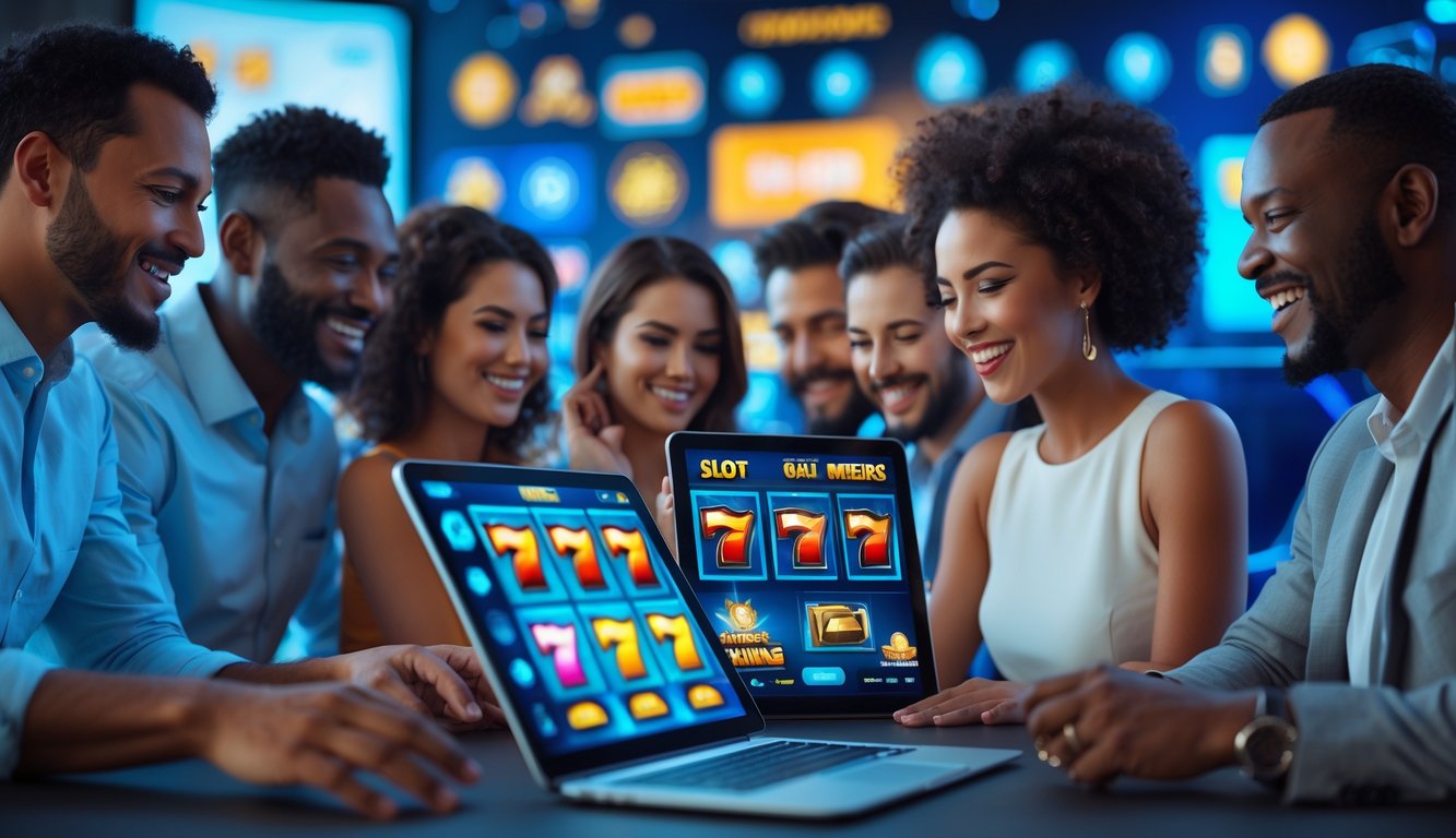 Beberapa orang menggunakan perangkat digital untuk bermain permainan slot online dengan suasana yang ceria dan aman.
