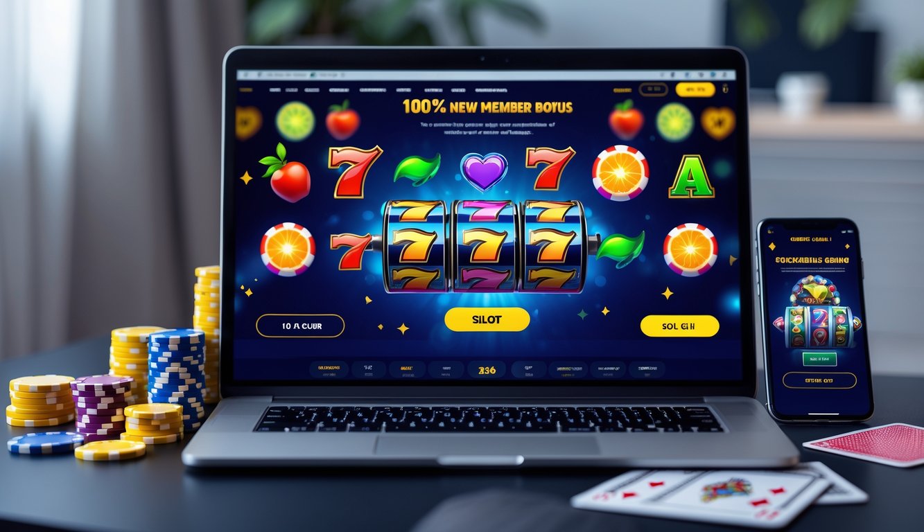 Meja kerja modern dengan laptop dan ponsel yang menampilkan permainan slot online, dikelilingi oleh chip poker dan kartu remi.