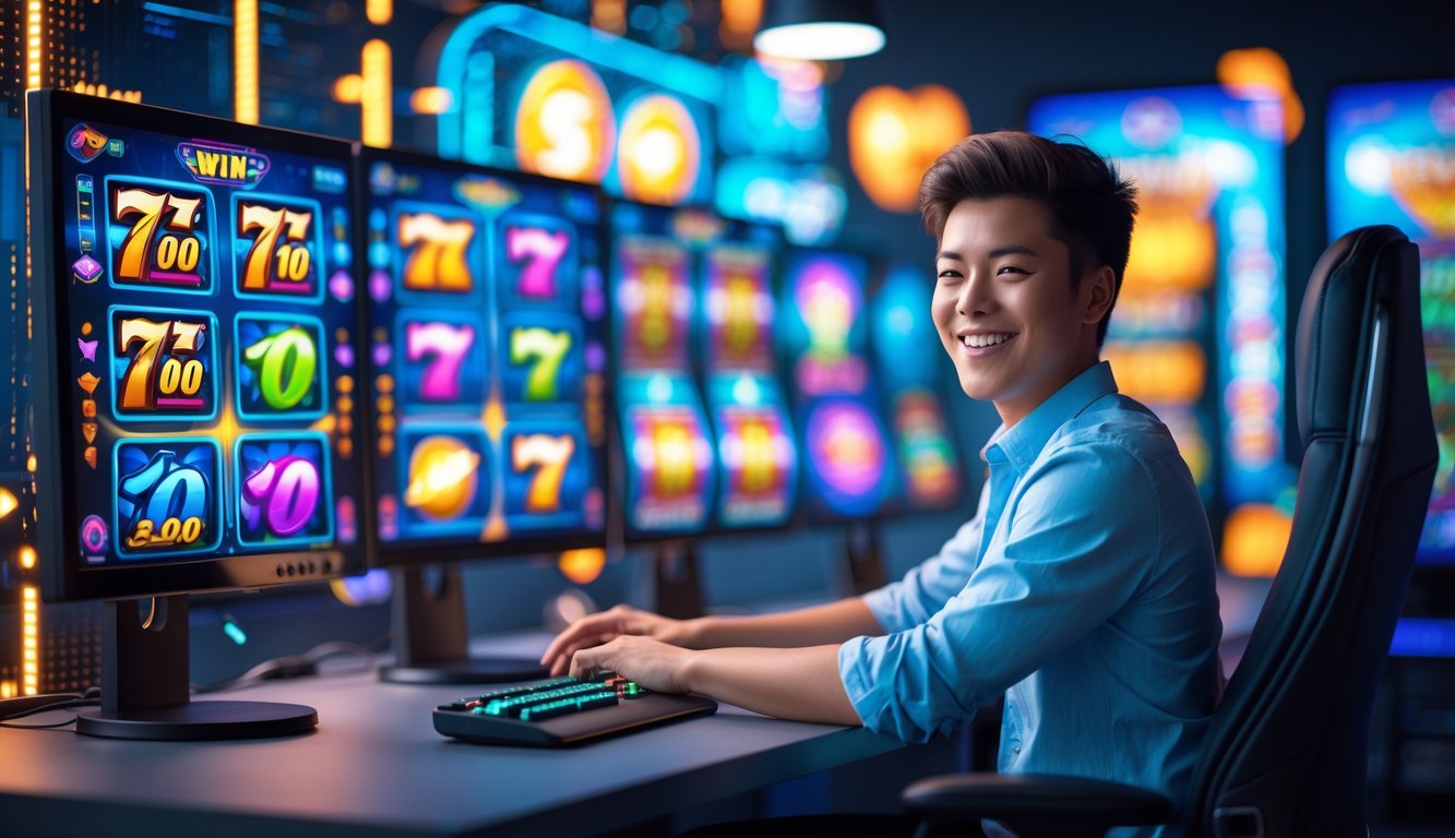 Seorang dewasa muda duduk di depan beberapa monitor yang menampilkan permainan slot online dengan simbol kemenangan, terlihat senang dan percaya diri di lingkungan gaming digital.