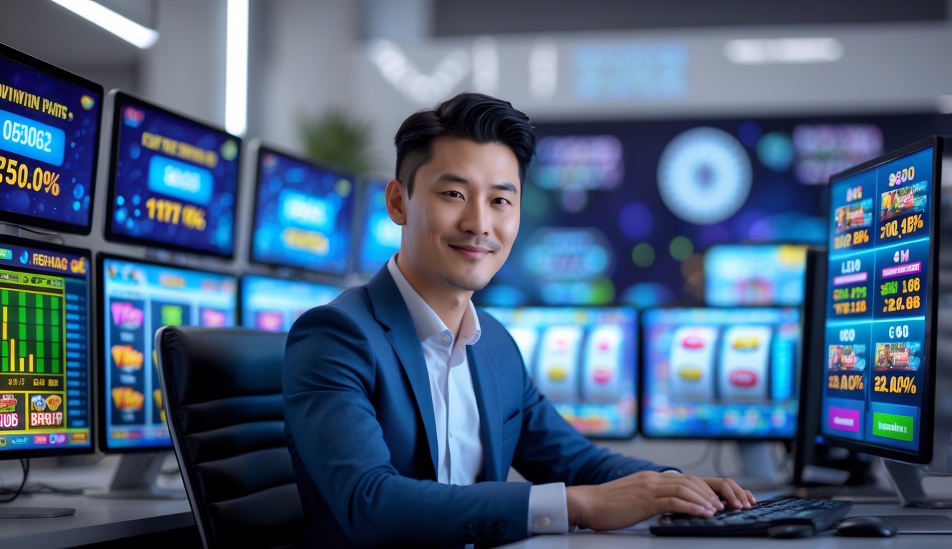 Seorang pria Asia Tenggara duduk di depan komputer dengan tampilan permainan slot online dan grafik di layar, terlihat fokus dan percaya diri di lingkungan kantor modern.