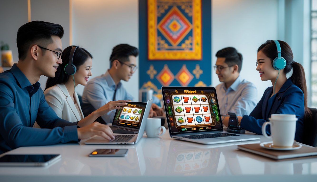 Orang-orang menggunakan laptop dan ponsel untuk bermain slot online di ruang kerja modern dengan hiasan budaya Indonesia.