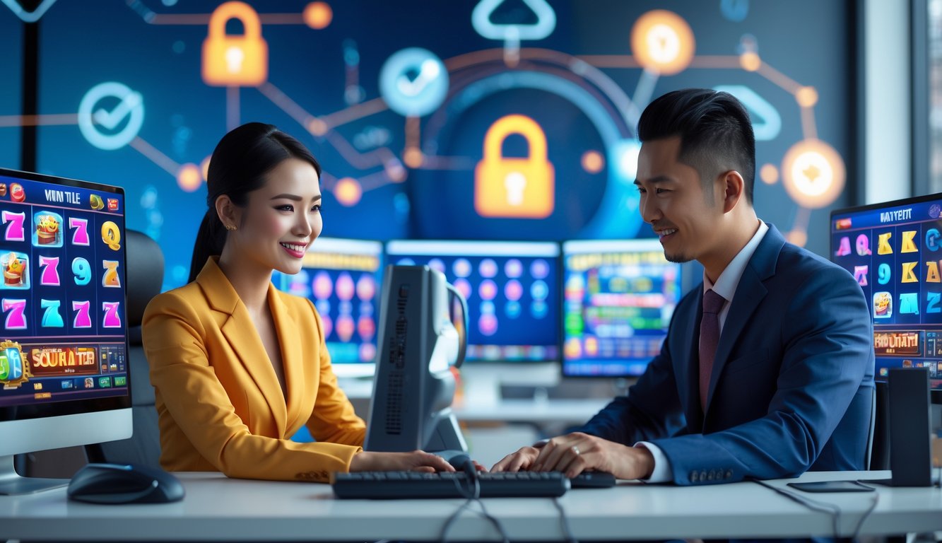 Dua orang profesional sedang bekerja bersama di depan komputer dengan tampilan permainan slot online di layar.