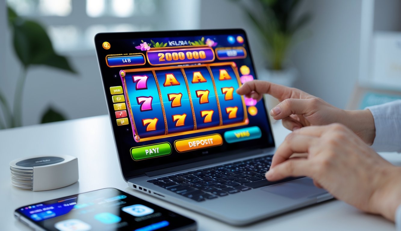 Seseorang bermain permainan slot online di laptop dengan layar berwarna cerah di meja kerja yang rapi.