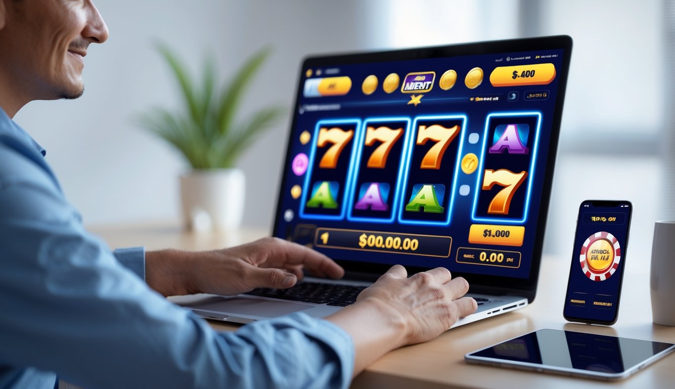 Seorang dewasa menggunakan laptop atau ponsel dengan tampilan permainan slot online yang berwarna-warni di layar, di lingkungan yang bersih dan terang.