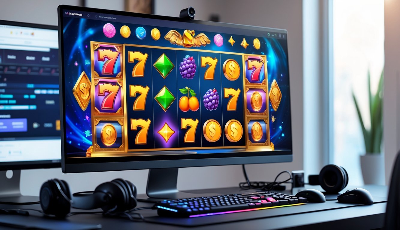 Suasana ruang kerja modern dengan komputer menampilkan permainan slot online berwarna-warni dan aksesori gaming di sekitarnya.