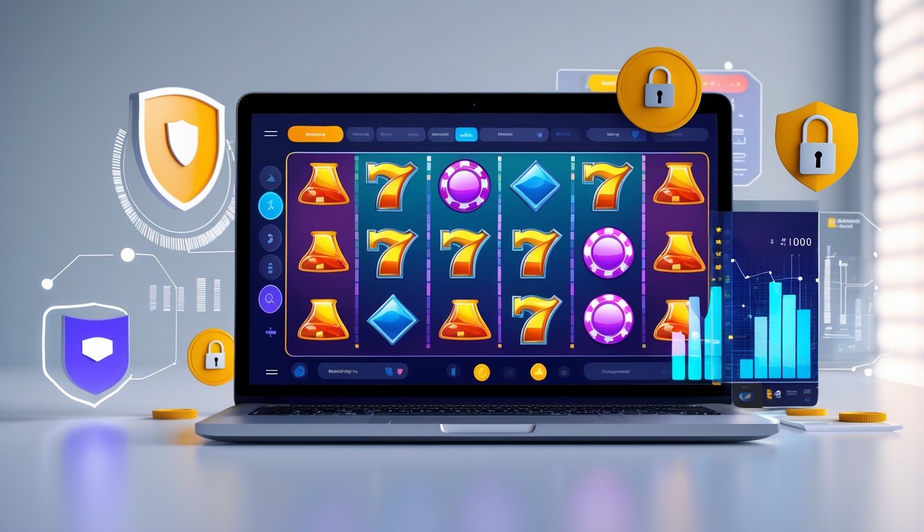 Seorang pengguna sedang bermain game slot online di komputer dengan latar belakang elemen keamanan dan grafik data.