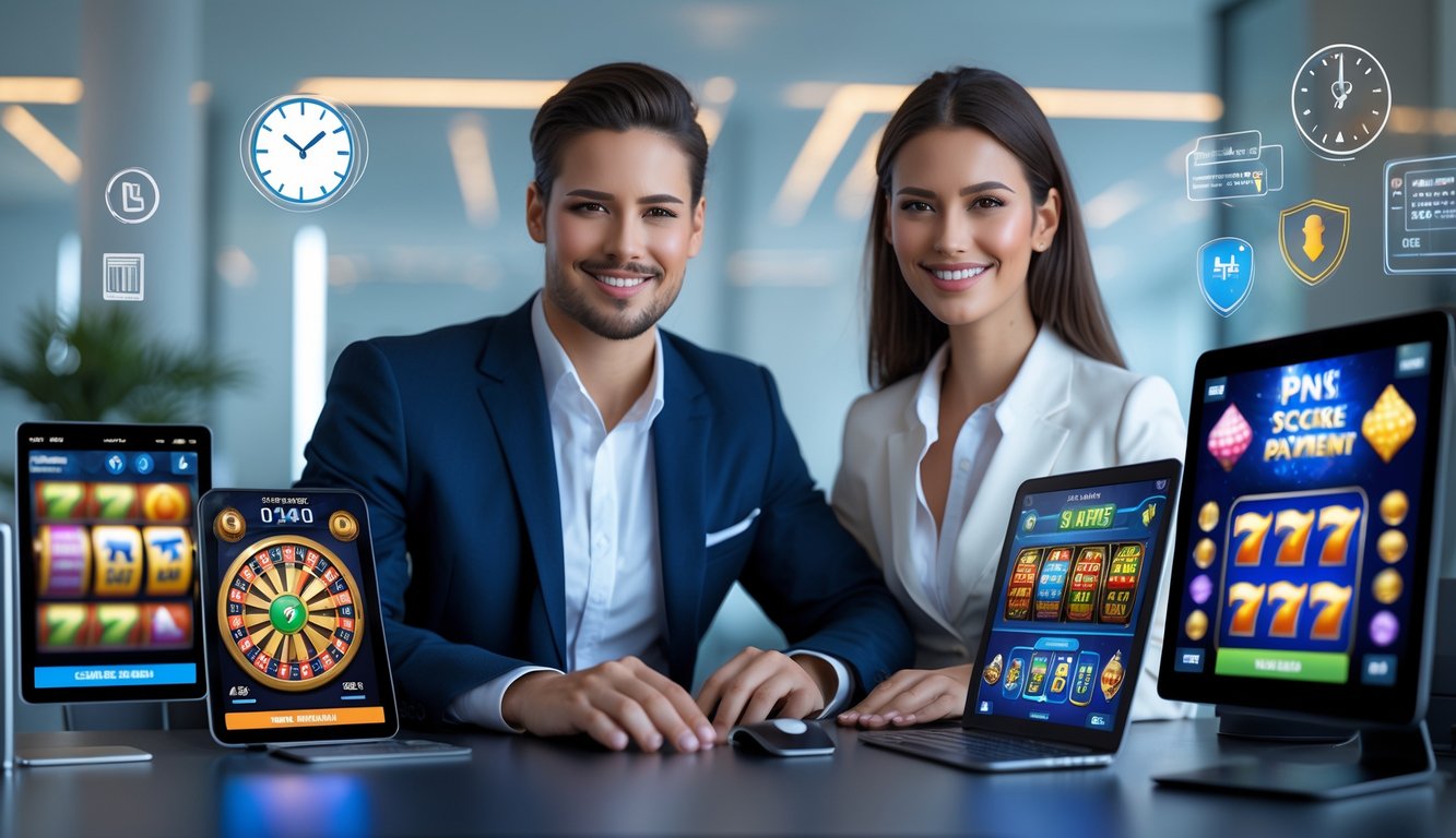 Seorang pria dan wanita duduk di meja dengan perangkat digital menampilkan permainan slot online, di ruang kantor modern dengan suasana profesional dan teknologi.