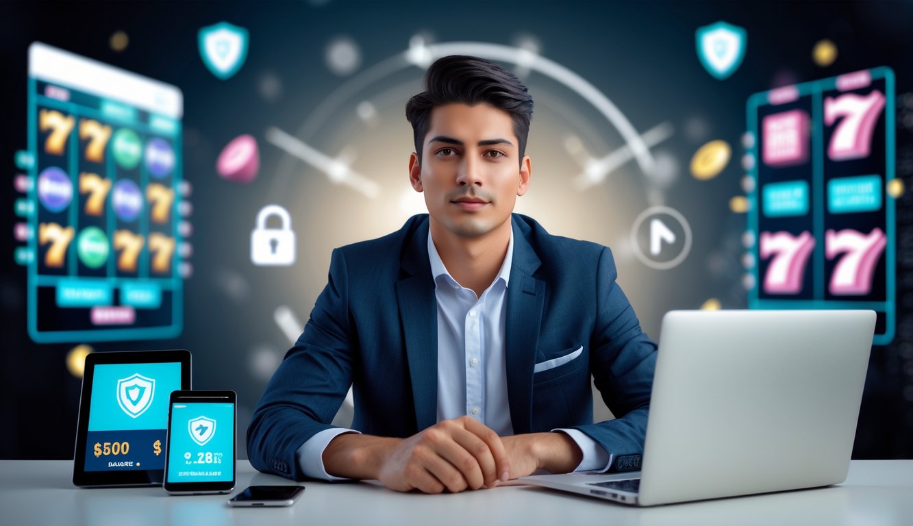 Seorang pria muda duduk di meja kerja dengan laptop dan ponsel yang menampilkan permainan slot online, menunjukkan suasana kerja yang aman dan terpercaya.
