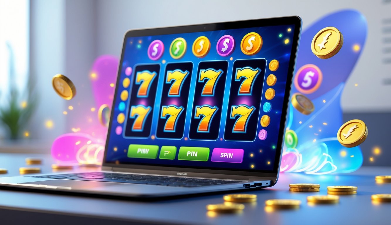 Suasana permainan slot online dengan layar komputer menampilkan gulungan slot berwarna-warni dan koin mengkilap di sekitarnya.