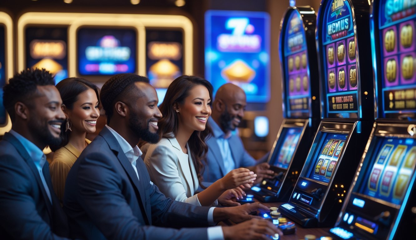 Sekelompok orang sedang bermain mesin slot online di ruangan modern dengan layar digital dan suasana ceria.