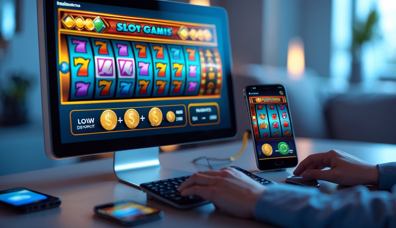 Seseorang bermain permainan slot online di komputer dan ponsel di meja dengan latar belakang ruangan yang nyaman.