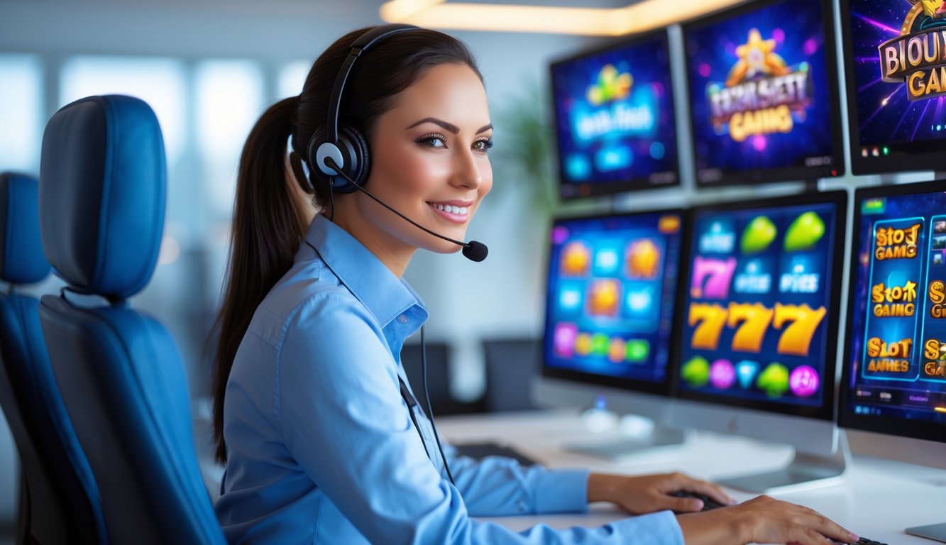 Seorang petugas layanan pelanggan profesional di kantor modern dengan beberapa layar komputer menampilkan permainan slot online.