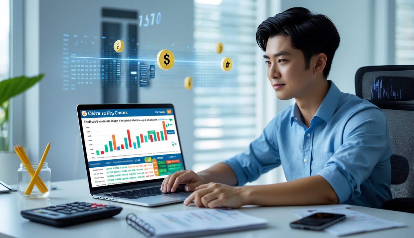 Seorang pria muda Asia duduk di meja kerja dengan laptop dan alat tulis, fokus pada analisis data untuk strategi judi togel online pasar Hongkong.