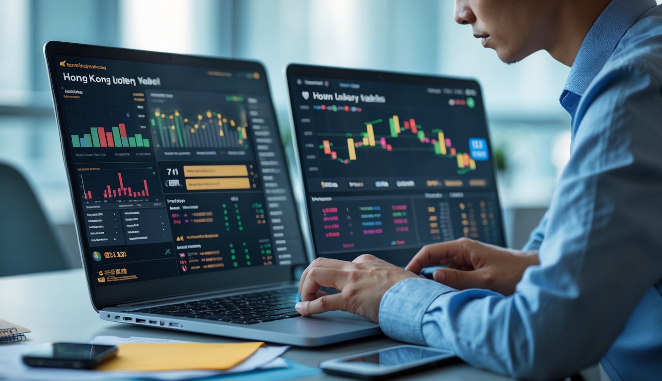 Seseorang sedang bekerja dengan laptop dan beberapa layar digital yang menampilkan grafik dan data terkait permainan togel online Hong Kong.