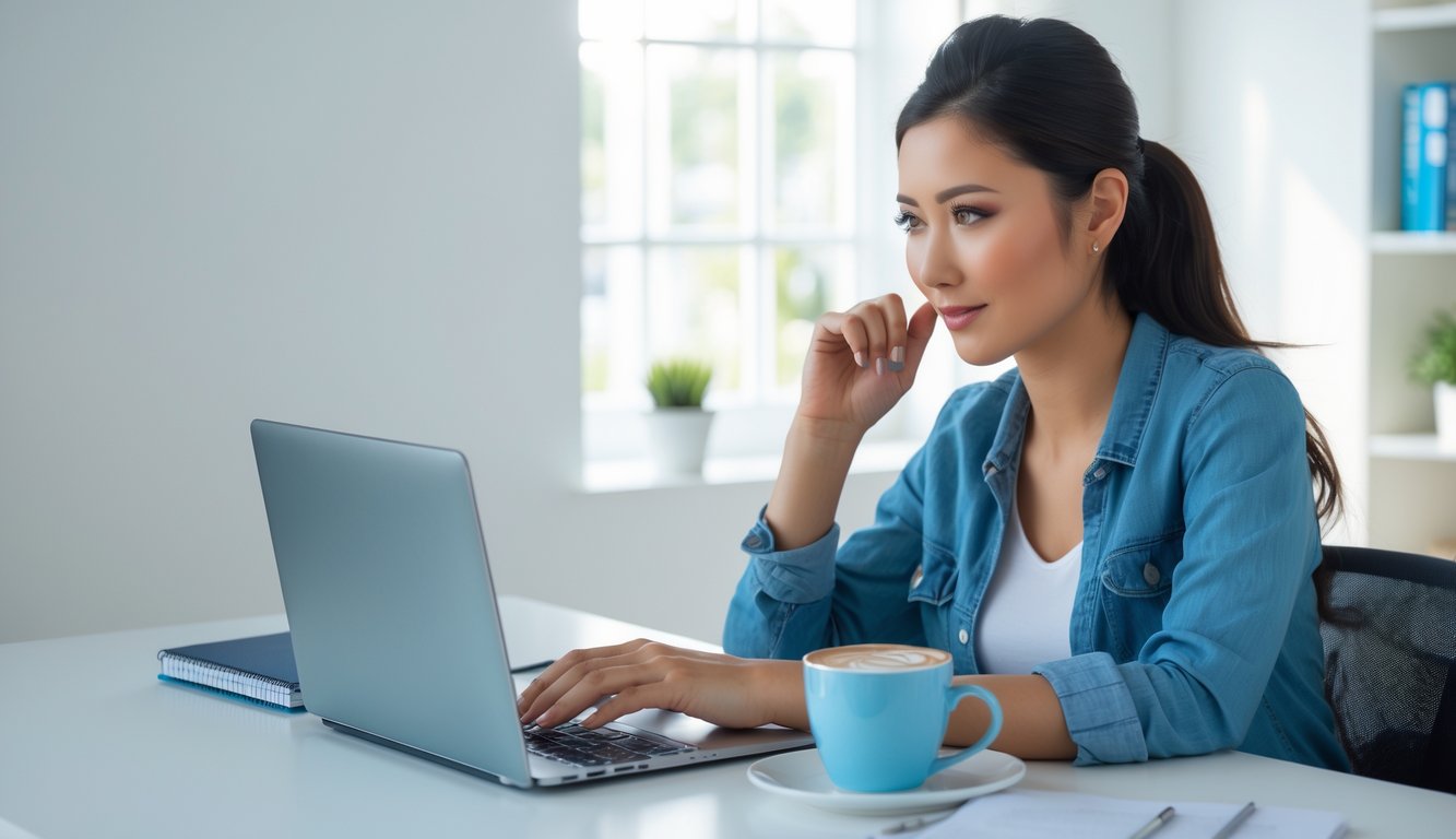 Seorang wanita muda duduk di meja kerja dengan laptop, terlihat fokus dan serius dalam suasana kantor rumah yang terang dan rapi.