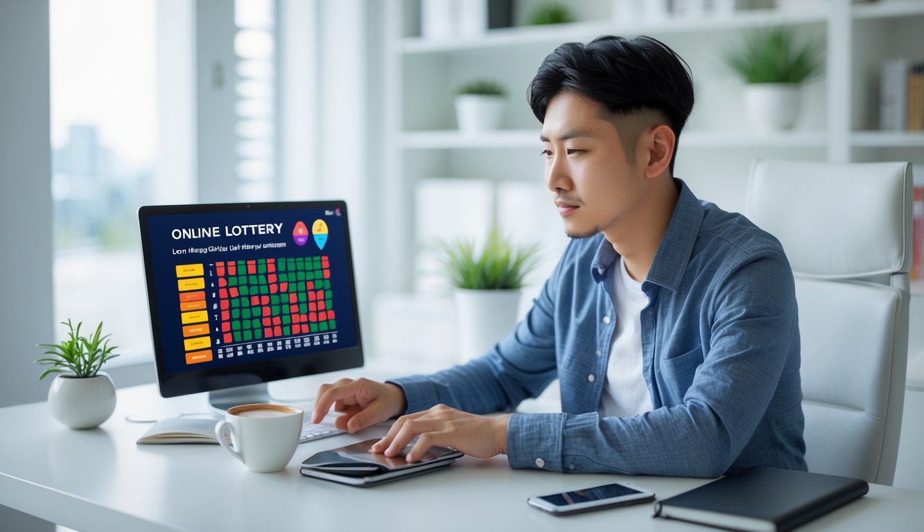 Seorang pria muda duduk di meja kerja dengan laptop dan alat tulis, fokus belajar bermain togel Hongkong online di ruang kerja yang terang dan rapi.