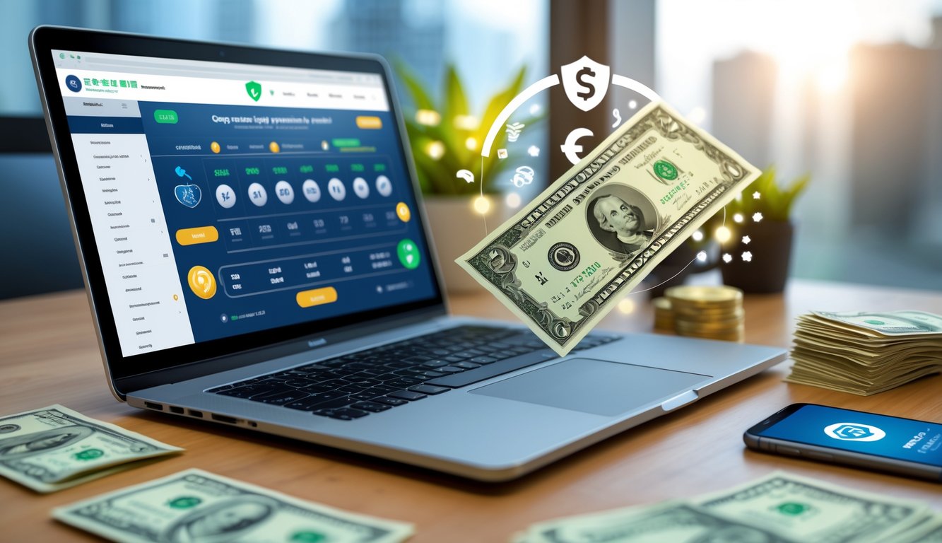 Meja kerja modern dengan laptop yang menampilkan antarmuka lotere online dan perangkat elektronik lainnya di lingkungan kantor yang terang dan profesional.