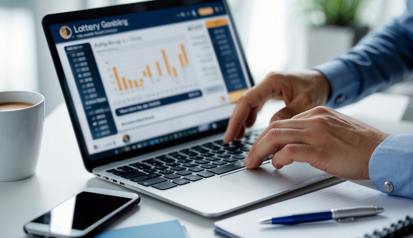 Orang menggunakan laptop di meja kerja dengan perangkat dan alat tulis di sekitarnya, menunjukkan suasana taruhan togel online yang aman dan terpercaya.