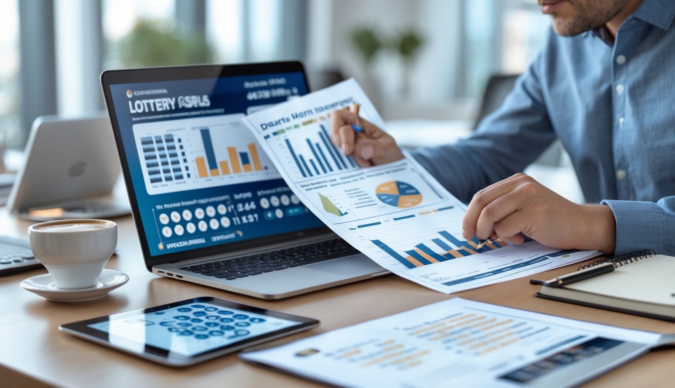 Seseorang sedang menganalisis data keluaran togel Hongkong terbaru di meja kerja dengan laptop dan tablet.