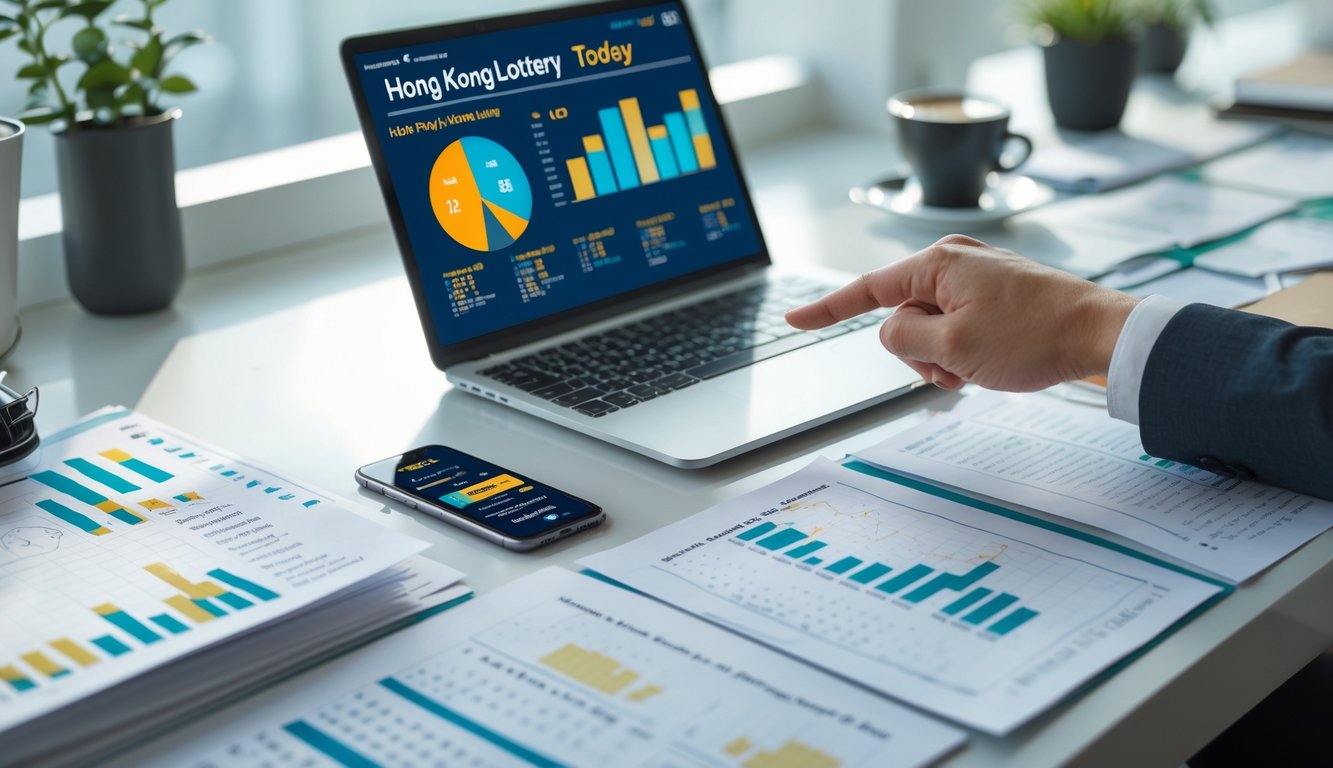 Meja kerja dengan laptop, ponsel, dan kertas berisi data dan grafik togel Hongkong, tangan menunjuk layar laptop.
