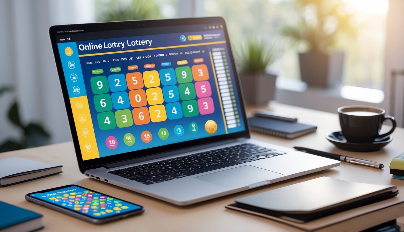 Meja kerja dengan laptop yang menampilkan situs togel online, smartphone, kopi, dan alat tulis di lingkungan rumah yang rapi dan terang.