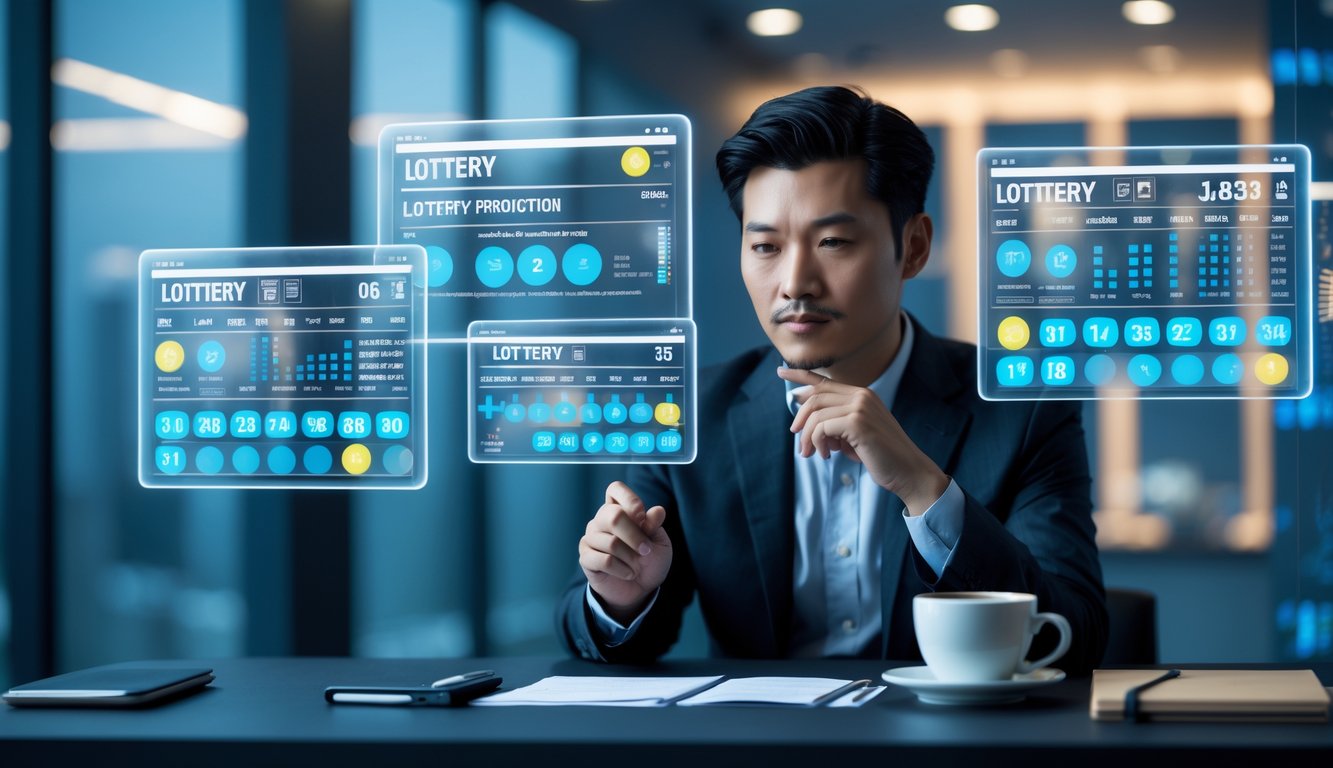 Seorang pria Asia sedang menganalisis data lotre menggunakan layar digital di kantor modern.