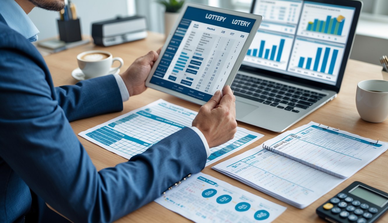 Seorang pria sedang menganalisis data angka togel di meja kerja dengan laptop, tablet, dan dokumen berisi angka dan grafik.