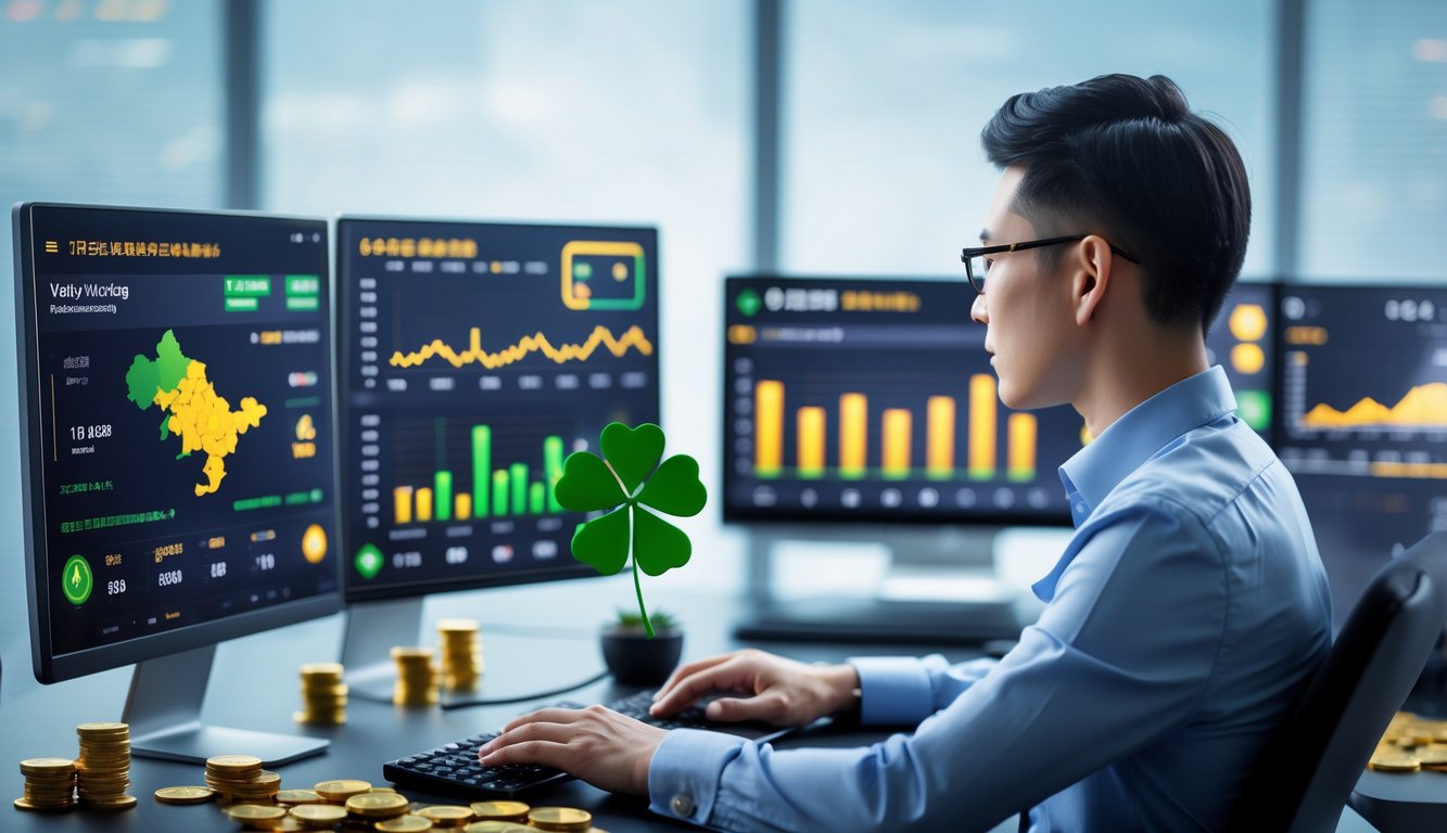 Seorang profesional sedang menganalisis data di depan beberapa layar komputer yang menampilkan grafik dan peta Hong Kong di sebuah meja kerja modern.