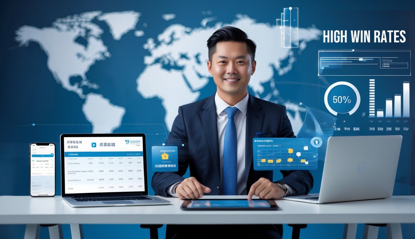 Seorang profesional duduk di meja kerja modern dengan perangkat digital yang menampilkan data lotre dan grafik, latar belakang peta dunia dengan sorotan Hong Kong.